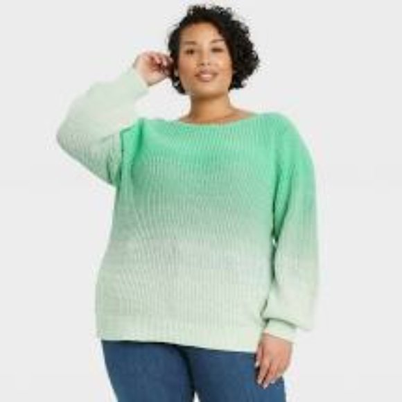 Ava & Viv Green Ombre Pullover Knit Tunic Cotton Crew Neckline Sweater - Picture 2 of 11